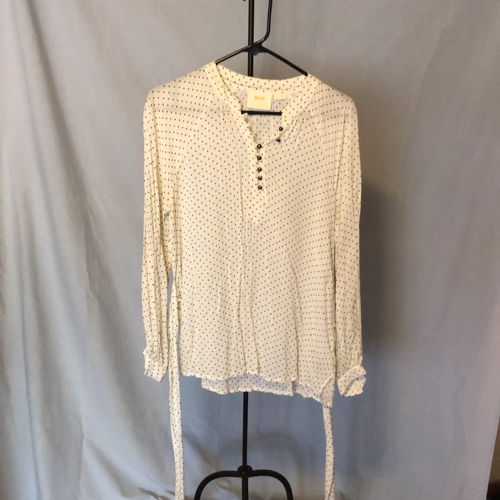 Maeve (Anthropologie) semi sheet cream and black polka dot blouse w attached tie - Picture 2 of 8